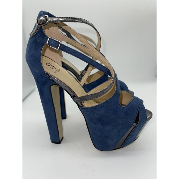 Scene “Marylou” Platform Wedge 5” Heels Blue Suede w/ Silver Accents 7M Open Toe - Picture 2 of 8